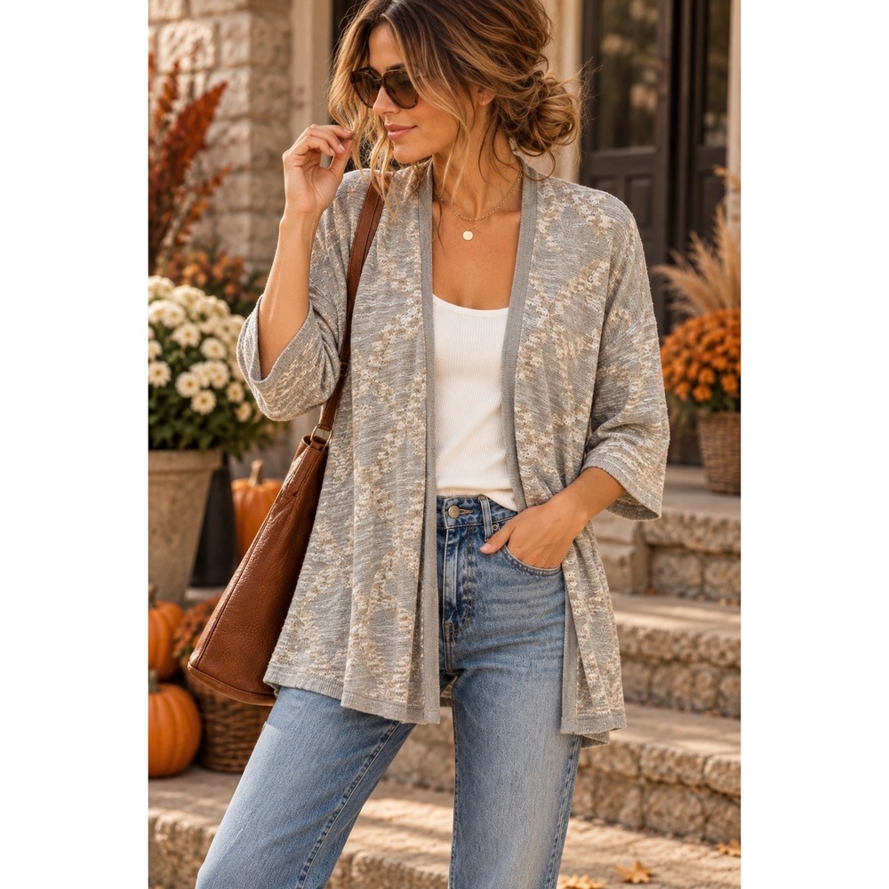 Pure Jill J.Jill Women's Medium Gray Floral Open Front 3/4 Sleeve Cardigan